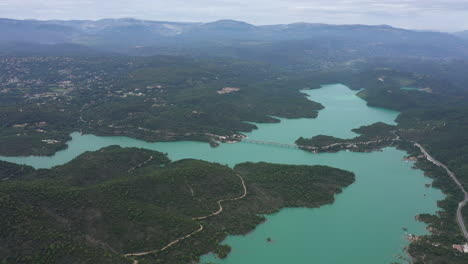 Aerial-large-view-lake-Saint-Cassien,-famous-reservoir-in-var-France